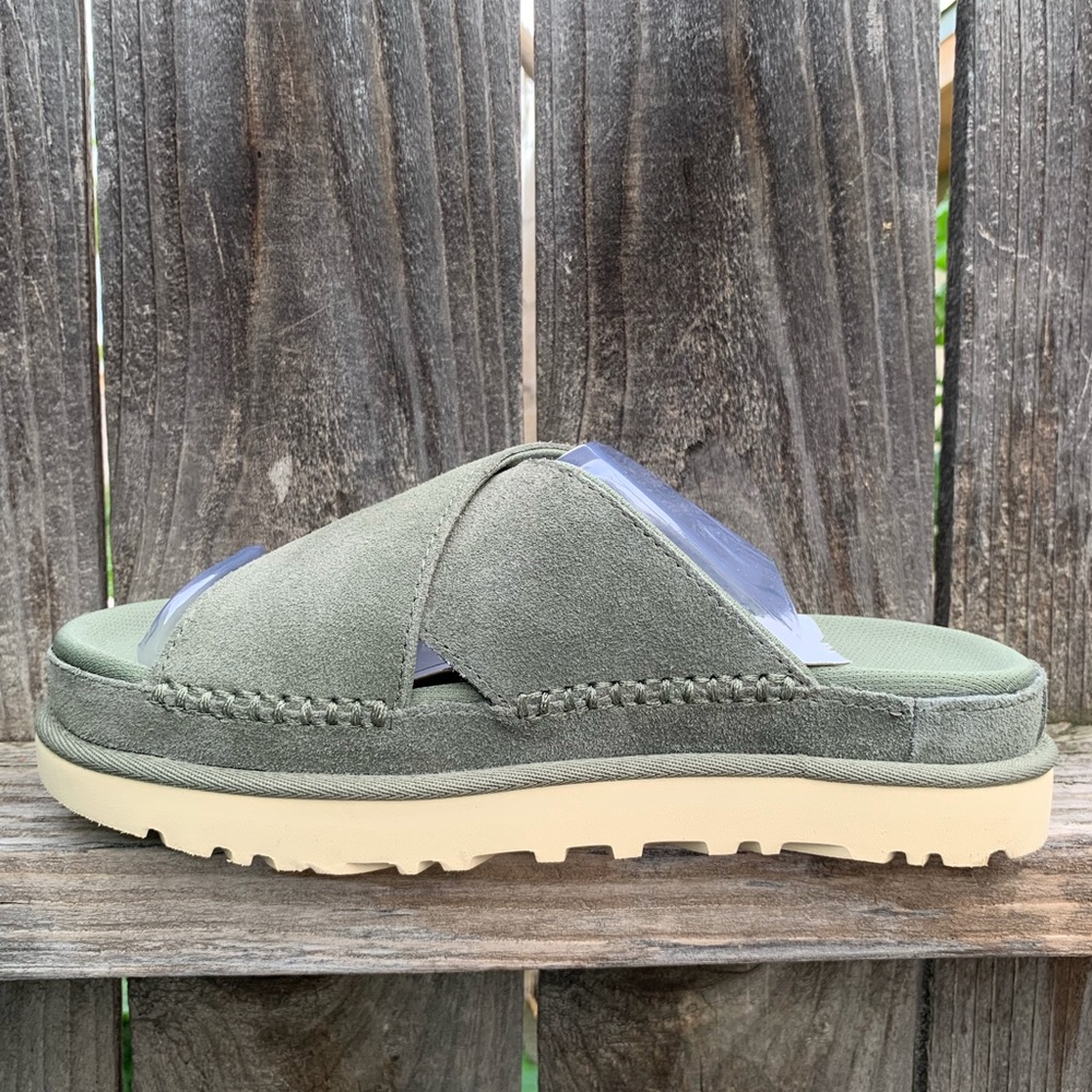 UGG Sandals Goldenstar Cross Platform Slide Moss Green Suede Leather - Picture 4 of 16